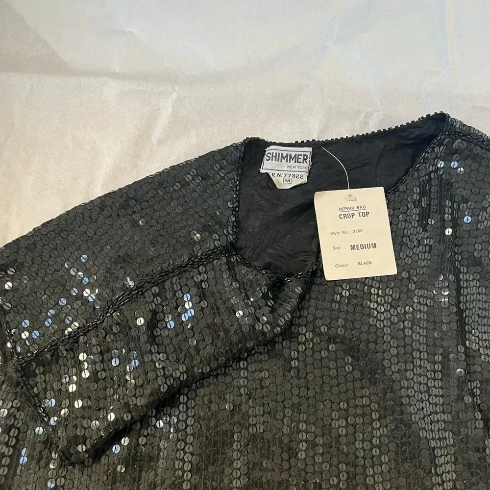 Shimmer New York Sequence Black Padded Shoulders  100% Silk Top M NWT - Picture 4 of 9